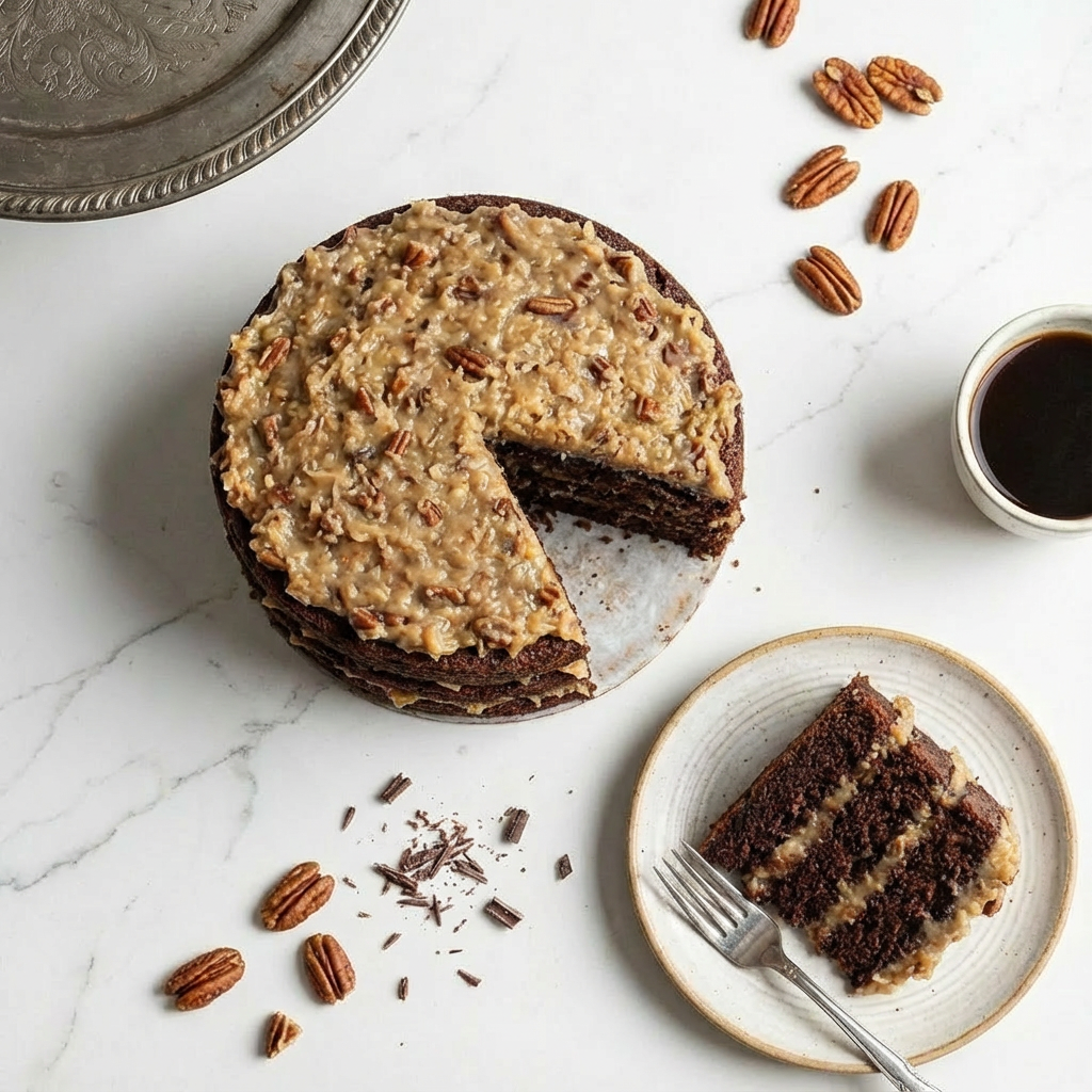 Classic German Chocolate Cake with Coconut-Pecan Frosting